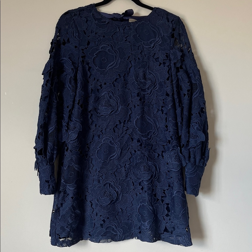 ZARA Guipure Floral Lace Lantern Sleeve Open Back Dress Blue Size Small - Picture 3 of 11